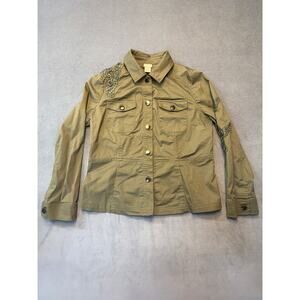 Chico’s Lace Embroidered Embellished Appliqué Utility Army Green Jacket Size Med